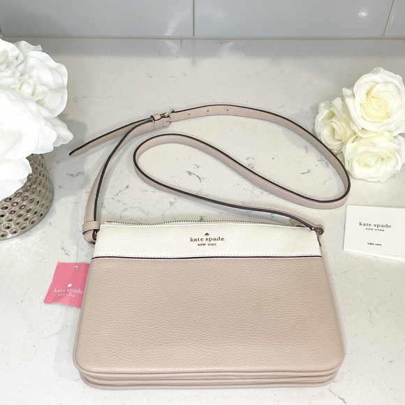 NWT Kate Spade Beige Nude & Cream Pebbled Leather Triple Gusset Crossbody Purse - Picture 3 of 11